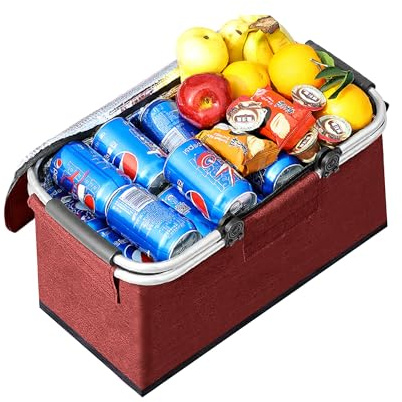 JXCTNNU Cestino per Picnic 25L Grande Borsa Termica Cestini e Panieri Cestino Termico Picnic Pieghevoli con Funzione di Raffreddamento Cestino Della Spesa con Coperchio e Manico per Campeggio (Rosso)