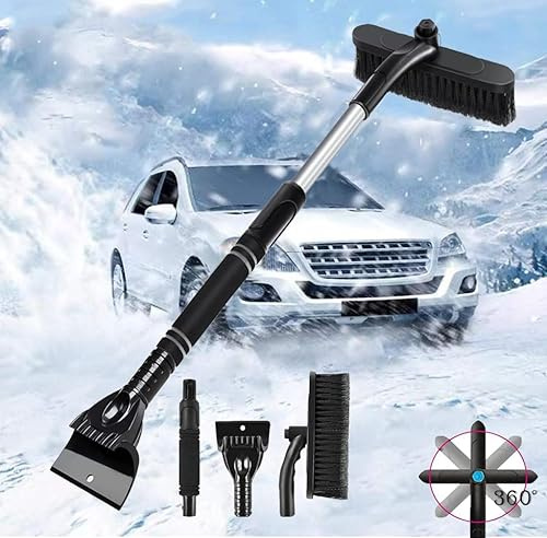 3in1 Auto Reinigungsbürste, Eiskratzer Schneebesen Abnehmbarer Eisschaber, Drehbarer Bürstenkopf, Schneefeger ausziehbar,mit Ergonomischem Schaumstoffgriff für PKW,LKW und SUV(ABS, PVC Bürste)Schwarz