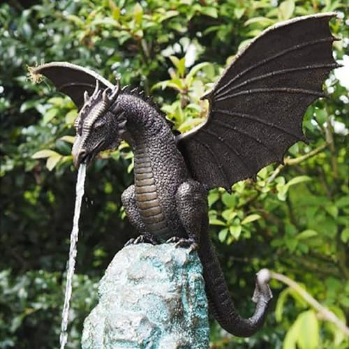 Mrisata Gartendrachenbrunnenstatue, Brunnen Drachen Ornament Harzwasser -Skulptur für Hausgartendekoration, Außenwasser -Feature -Statue für Garten, Rasen, 35 cm X 30 cm X 23 cm (A)