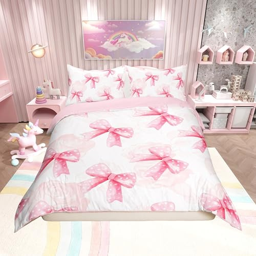 Homemissing Pink Bow Duvet Cover Set Double Size Bedding For Kids Adults Girls Teens Dreamy Princess Style Bedding Set Kawaii Bowknot Comforter Cover with 2 Pillowcases Room Decor Bow Bed Sets