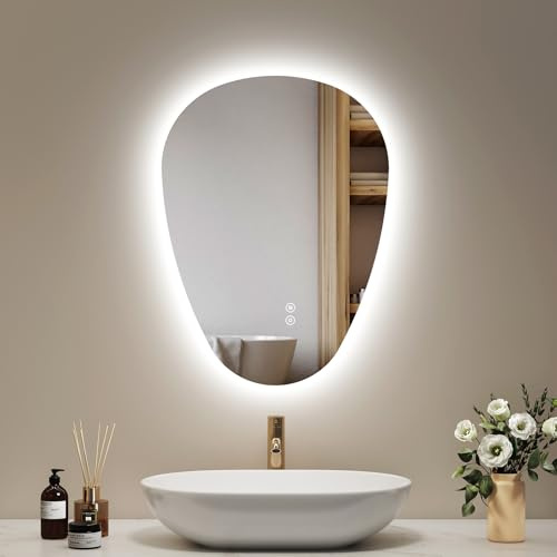EMKE Badspiegel mit Beleuchtung 60 x 45 cm Asymmetrischer Spiegel mit Touch, 3 Lichtfarben Dimmbar, Beschlagfrei, Badezimmerspiegel mit Beleuchtung IP44 Energiesparend LED Badspiegel