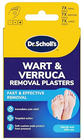 Dr. Scholl's Wart and Verruca Removal Plasters, Pack of 21, Fast and Effective Verruca Treatment and Wart Remover, Immediate Pain Relief, Washproof Plasters