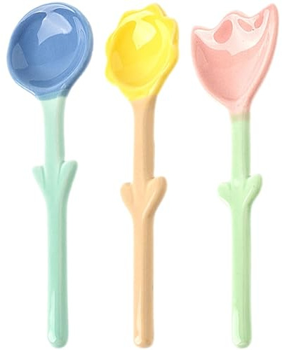 Ciieeo 3 Stück Keramik Blumenlöffel für Zuhause Kleine Dessertlöffel mit Süßem Design Leicht zu Reinigen und Vielseitig Einsetzbar