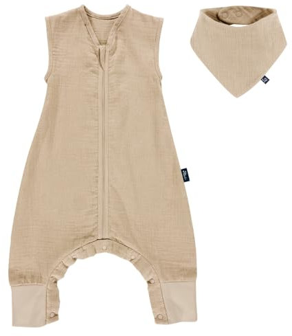 Alvi Sommer-Schlafsack mit Füßen Musselin/Sleep-Overall Light Mull + GRATIS Halstuch - Sand-Beige - Gr. 90 cm