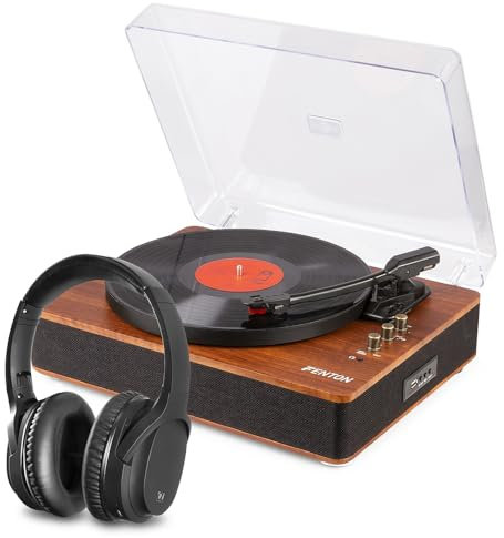Fenton RP162D Record Player with Wireless Headphones – Bluetooth Vinyl Player with Turntable Bluetooth Output, HiFi Stereo Speakers, USB MP3 Playback, 3-Speed Turntable, Noise-Cancelling Headphones