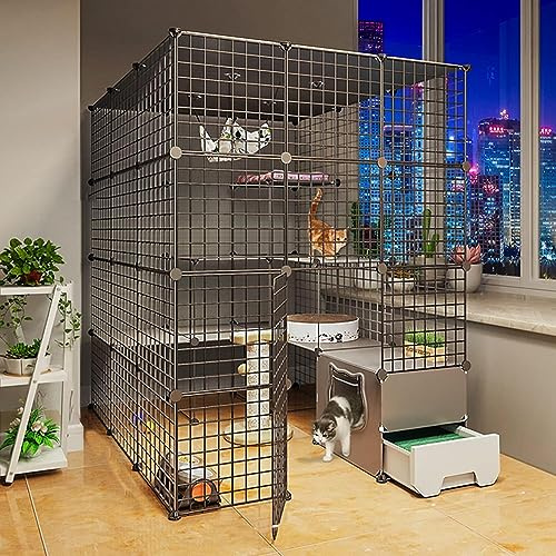 FDQAMLKX Gabbia per Gatti da Esterno Grande Dimensioni in Metallo, Gabbia Gatti Balcone, Case per Gatti e Condomini, Nero, Adatto per Soggiorno e Camera da Letto