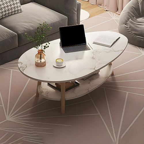 Ovaler Couchtisch aus Massivholz mit Regal, moderner Standard-Cocktailtisch für Wohnzimmer, Wohnung, Sofa, Holzbeine, Balkon, Teetisch, gebrochenes Weiß, 90 cm