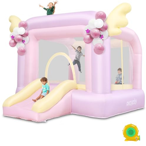 AKEYDIY Aufblasbares Hüpfhaus für Kinder, 274 x 214 x 203 cm, Macaron-Springhaus mit Rutsche, Luftballons, Fangball-Set, Strandball, Basketball