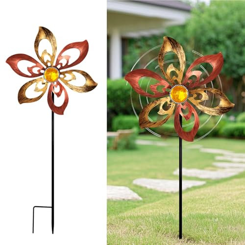 Windrad Garten für Draußen Windspiele Stehend für Gartendeko, Windräder Gartenstecker Metall, Retro Windmühle Frühling, Frühlingsdeko für Balkon Hof Rasen Garten Dekoration (A)