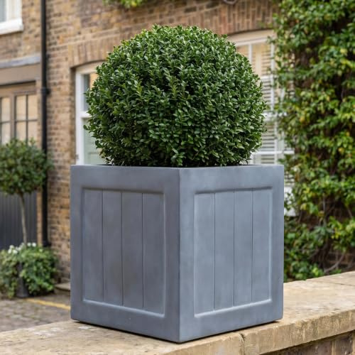 IDEALIST Plant Pots 30cm Plant Pot Grey Reinforced Stone Square Planter 27L | 1 Pack, L30 W30 H30 cm, Medium Size, Faux Lead, Frostproof, Drainage Holes, Lightweight