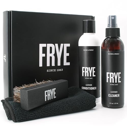 Frye Leather Care Kit – 4 Piece Set with U.S.-Made Leather Cleaner & Conditioner – Brush, Cloth, and Gift Box – Leather Shoe & Boot Cleaning Kit
