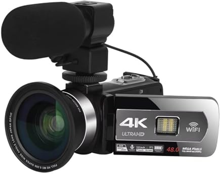 YVAAASIYC Videocamera digitale 4K, 48 MP, 60 FPS, zoom automatico 16X, registrazione, streaming, vlogging, videocamere DV portatili(Mic lens)
