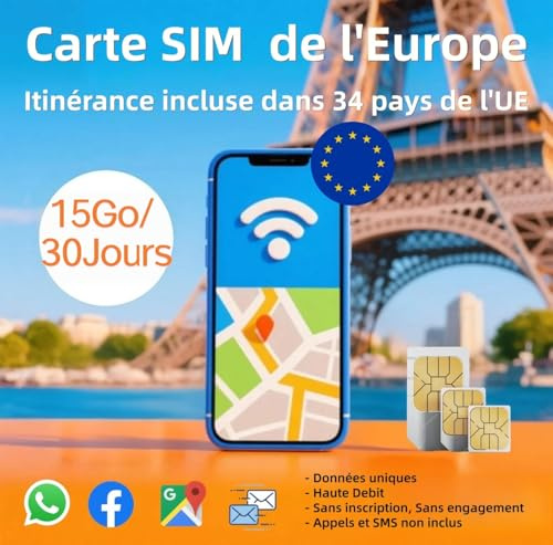 Europeiskt SIM-kort med endast data | Användbart i 34 länder | EU-SIM 3-i-1 (Standard/Micro/Nano) | Hög hastighet och bra anslutning | 15GB/30 dagar | Förbetalt SIM-kort