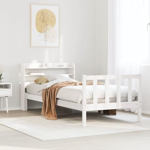 HaoChrymec Massivholzbett ohne Matratze Weiß 75x190 cm Kiefernholz, Robust & Stabil, Elegantes Kopfteil mit Regalen, einzelbett, polsterbett, Für Schlafzimmer & Jugendzimmer, 75x190 cm