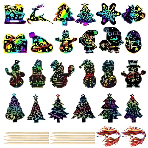 PYSEOSISE Weihnachten Kratzbilder Set, 48 Stück Weihnachten Kratzpapier mit Bändern, Regenbogen Kratzpapier Scratch Art Papier für Weihnachtsdeko Party Mitgebsel und Beschäftigung