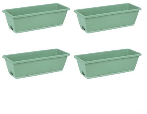 Honseadek 4 macetas rectangulares de 42 cm con bandeja, de plástico grueso para plantas vegetales, suculentas, agujeros de drenaje para balcón y jardín (verde claro)