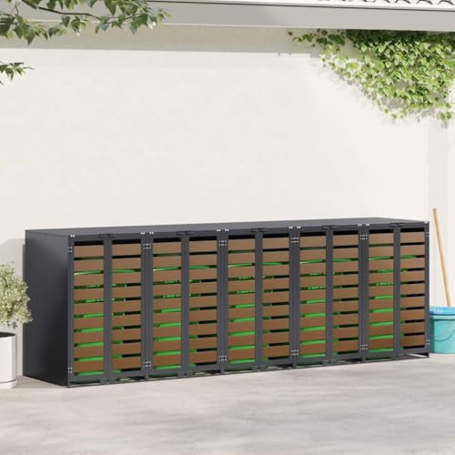 ACAGALA 5-er Mülltonnenbox in Holzoptik, Mülltonnenverkleidung für 5X Tonnen 120 und 240 Liter, Mülltonnenhaus aus Edelstahl mit Gasdruckdeckel, Müllbox mit 2 Türen & Erweiterbar Design, 65x73x113 cm