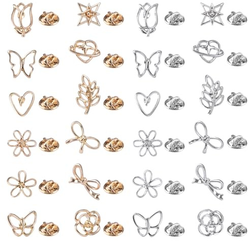 URROMA Mini-Broschen, 24 Stück, kleine Blume, Anstecknadel für Damen, goldfarben, silberfarben, Schleife, Herz, Blatt, Schmetterling, Brosche, Kleid, Rock, Schal, Hut, Kleidung, Dekoration