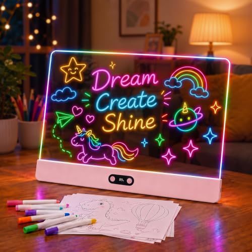 Tableau de Dessin LED pour Enfants avec Affichage Batterie Numérique, 35 x 26 cm, Tableau Lumineux Acrylique avec 8 Couleurs et 7 Stylos Néon, Réutilisable pour Dessin Créatif, Cadeau Enfant et Bureau