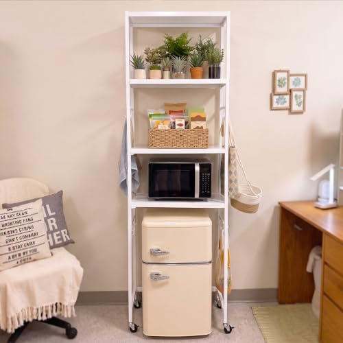 Vercraft 4 Tier Mini Fridge Shelf with Storage for Dorm Over Mini Fridge Stand with Wheels Microwave Stand Storage Rack for College Rooms Apartment Home Kitchen Bathrooms Office(White)
