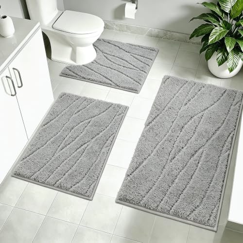 Homcomodar Bath Mat Set 3 Piece Soft Microfiber Absorbent Bathroom Mat Set Non Slip Anti Mould Bath Mats for Bathroom Machine Washable Bathmat and Toilet Mat Set for Bathrooms Floor,Shower（Grey）