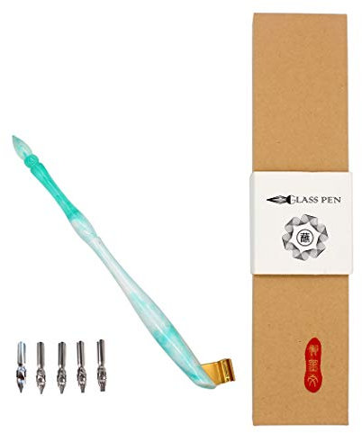 Hillento Tenedor de punto de pluma de caligrafía oblicua, escritura de placa de cobre antigua inglesa mano pluma de inmersión + 5 puntas planas, verde
