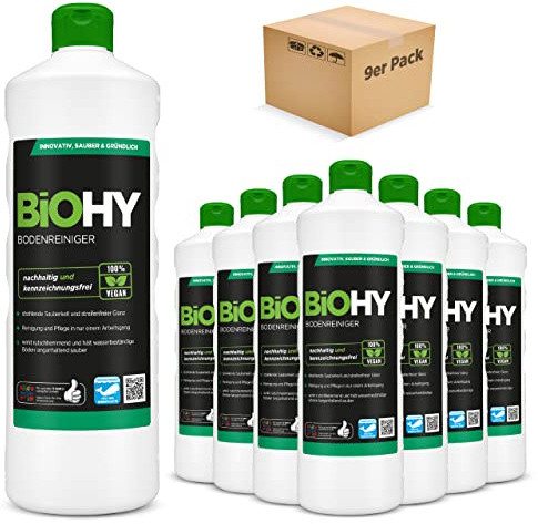 BiOHY Limpiador de suelo (9 botellas de 1 litro) | Concentrado para todos los aparatos de limpieza y todos los suelos duros (Bodenreiniger)