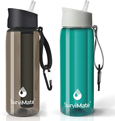 SurviMate - Borraccia purificata per campeggio, escursionismo, zaino in spalla e viaggi, senza BPA, con cannuccia filtrante integrata a 4 stadi