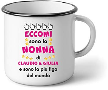 bubbleshirt Tazza in Alluminio Nonna Personalizzabile con Il Nome dei Nipoti - Eccomi Sono la Nonna di. e Sono la più Bella del Mondo - Evento - Idea Regalo Divertente