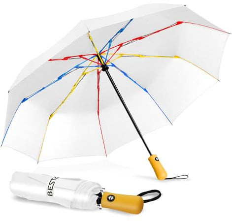 BESTKEE Parapluie Pliant Automatique, Parapluie Portable, Arapluie de Voyage Résistant à La Pluie de Résistance Compacte de Haute Qualité pour Hommes et Femmes, Diamètre 100 cm(blanc)