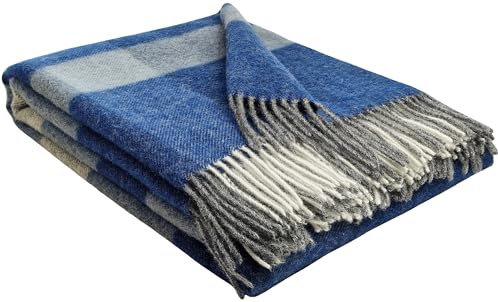 STTS International Wolldecke 100% Schurwolle Wohndecke in versch. Farben Tagesdecke Schurwolldecke Plaid 140 x 200 cm Tirol (Blau-Hellblau-Grau (Quadrate))