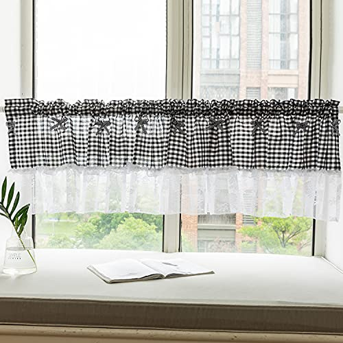 Lsimeru Kariert Scheibengardine Küche 45cm Landhausstil Vintage Schwarz Küche Kurz Bistrogardine Küchengardinen Kurzstore Gardinen Sheer Kurzvorhang Fenstervorhang 1 Stücke, 150x45
