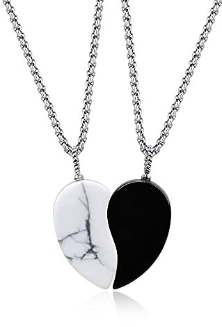 COAI Geschenkideen Herz Hälften Anhänger Yin und Yang für Partner Puzzle Teile Ketten aus Howlith und Obsidian