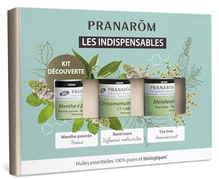 Pranarôm Coffret Les Indispensables 3 Huiles Essentielles 3 x 5 ml | Tea Tree, Ravintsara et Menthe Poivrée pour toute la famille. Format découverte, idée cadeau.