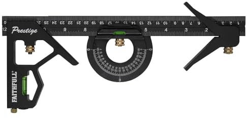 Faithfull Prestige Combination Square Set Black Aluminium 300mm (12in) – Measuring & Layout Tool with Protractor, Centre Head, Spirit Levels & Stainless Steel Rule for Woodworking & Metalwork