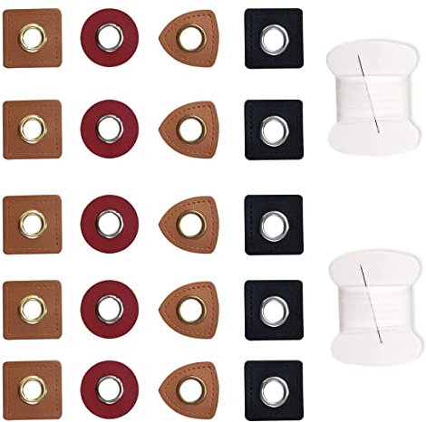 Ösen Kunstleder WACH AUF 40 PCS Leder Ösen Patches Mix Öesen, Ösenpatches Kit mit zwei Rollen 30m Nähgarn, Lederimitat Ösenpatch zum Kleidung Annähen auf Hoodies Sweatjacken Pullover
