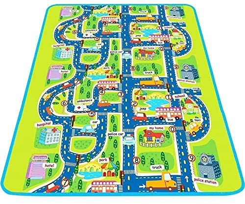 Trimming Shop Aktivitäts-Spielmatte, ungiftig, groß und dick, Baby-Lernteppich mit Straßenverkehr, Stadtkarte, mit Tragetasche für Kinder, Toodler, Baby (Design-1)