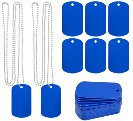 Aluminium-Erkennungsmarken, Stanzrohlinge, Metallmarken, Gravurrohlinge mit Kugelkette, 25 Stück, Blau