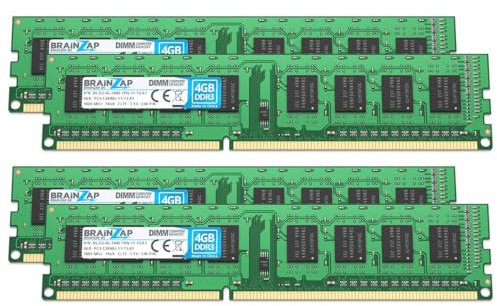 BRAINZAP 16GB DDR3 RAM DIMM PC3-12800U-11-13-A1 1Rx8 1600MHz 1.5V CL11 - Memoria RAM para ordenador (4 x 4 GB)