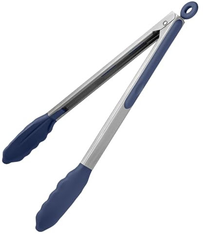 U-Taste 30 cm Pinza da cucina in silicone resistente al calore 315℃ con punte in gomma antiaderente ben sigillate e manico in acciaio rivestito in silicone e bloccaggio liscio (Blu Mezzanotte)