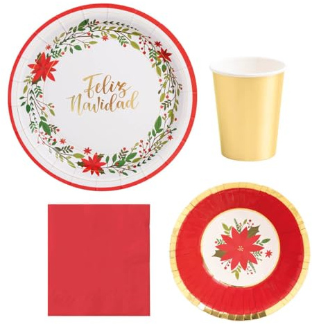 MAXI PRODUCTS - Kit 12 Personas - Decoración Navidad Flor de Pascua - Pack 61 uds - Temática Navideña - Vajillas Completas Navidad - Diseño Único