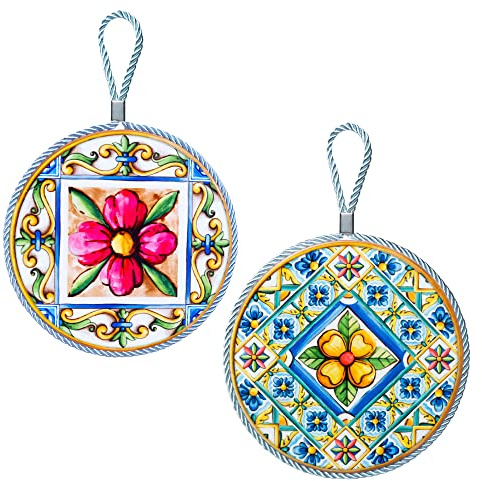 moorg Plato de cerámica decorado para colgar, decoración de cocina para colgar con gancho, estilo azulejos sicilianos mayólica, platos de pared 16 x 16 cm con reverso de corcho