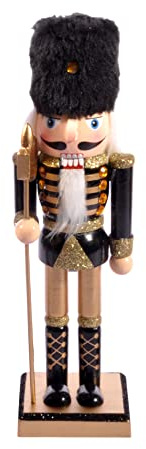 Schiaccianoci Natale Soldatino con alabarda (24cm) in legno glitterato e tessuto, nero/oro