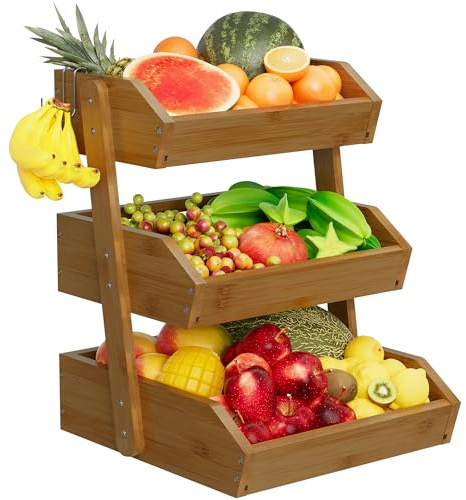 Hellojin 3 Tier Fruit Basket For Counter, Large Capacity Fruit Storage Countertop, Fruit Holder, Wooden Pantry Organizers and Storage, Kitchen Countertop Organizer With Two Banana Hangers (Walnut)