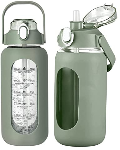 Rachlicy 64oz Water Bottles with Straw Glass Water Bottles with Time Marker and Silicone Sleeve Motivational Sports Drinking Bottle for School Office Green
