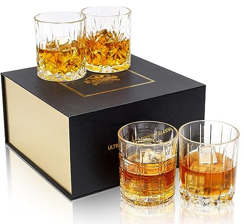 KANARS Whiskey Glasses Set of 4 - Multi Style Crystal Liquor Glasses 10 oz - Rocks Glass Barware For Scotch, Bourbon, Rum and Cocktail, Whisky Gifts for Men Dad Brother Adult