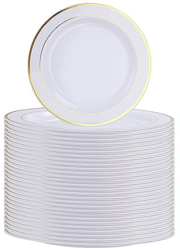 SENENQU 40 Pack Reusable Plastic Plates, 26cm / 10 inch Plastic Party Plates with Gold Rim, Unbreakable Plastic Dinner Plates for Weeding Birthday Party Catering