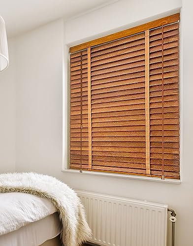 BOTOWI Holz Jalousie Holzjalousie 5cm Lamellen Rollo Massivholz, Fenster Rollos für Innen, Innenjalousien Jalousien, Gefiltertes Licht Fenster Jalousien Innen, 60~140cm,Braun,120Wx140L(cm)