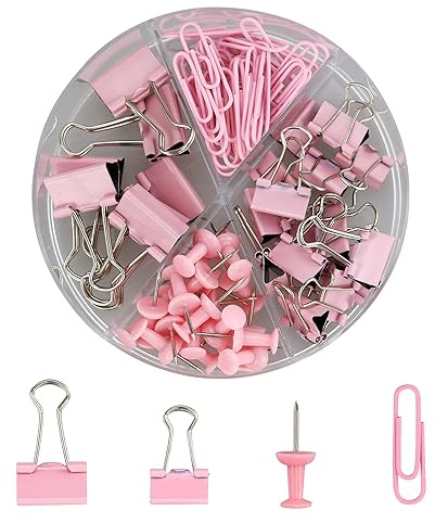 72 Stück Buchbinderclips Rosa 4 in 1 Set Runde Box 20 Reißzwecken 30 Clips 15 Kleine Blindclips 7 Große Blindclips Bürozubehör Büroklammern Papierklammern