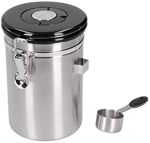 PRTECY Boîte à Café en Acier Inoxydable Contenant des Grains de Café Hermétiques avec Soupape D'échappement et Boîtes de Rangement en Cuillère en Acier pour Café Moulu, Grains, Thé, Sucre(Argent)